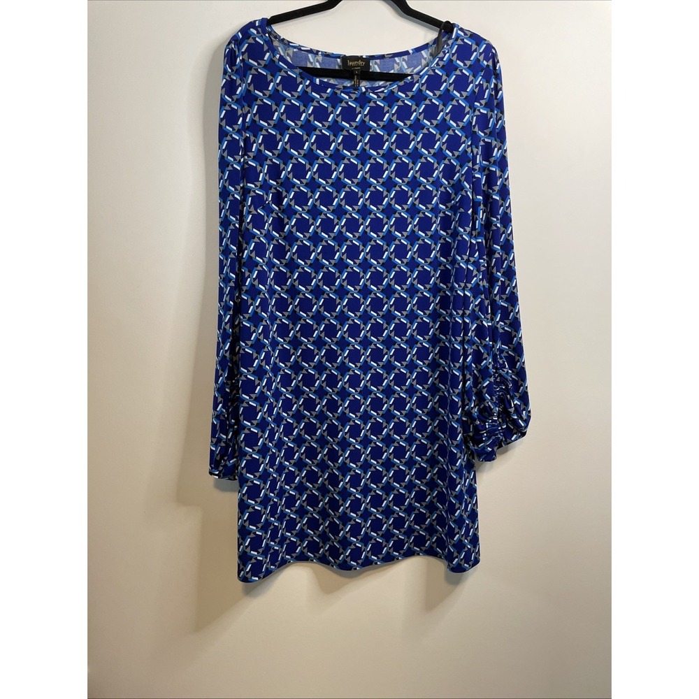 Laundry By Design L Blue‎ Geometric Shift Dress Ruched Sleeve Stretch